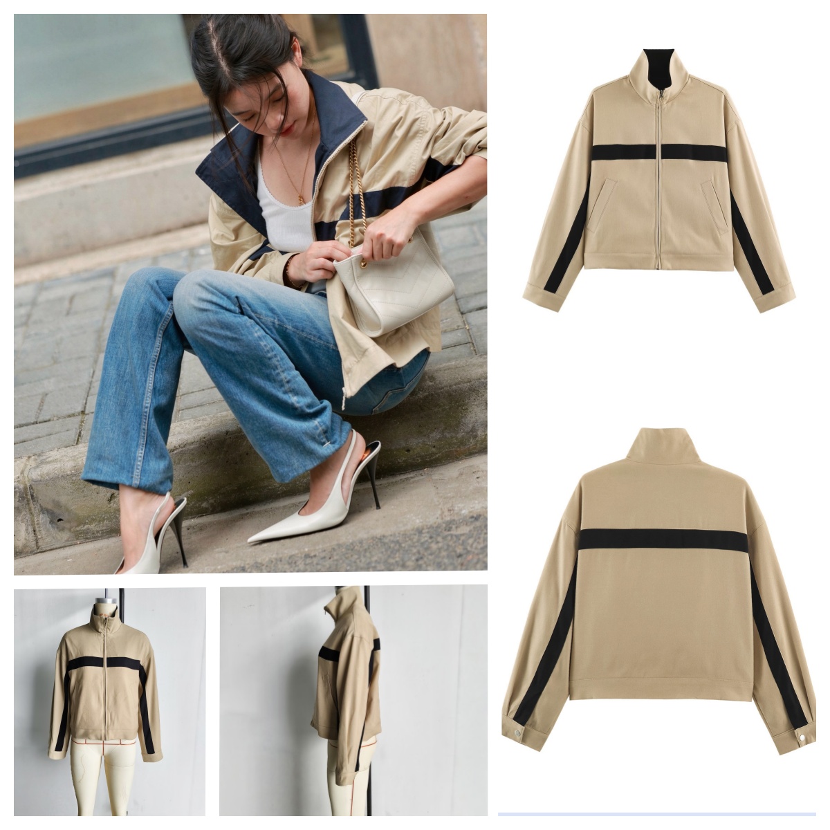 Women's Jackets Beige Black Zip Collar Crop Jacket Lapel Loose Streetwear Spring Autumn Chic Sports Outfits Short Coats