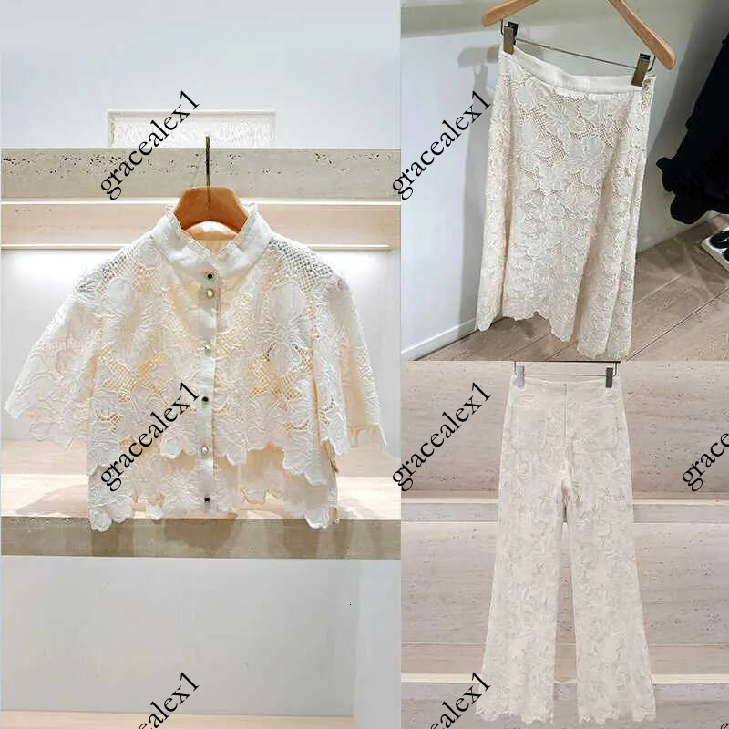 French style niche 2026 summer elegant beaded water soluble lace see through bell bottom pants stand up collar shirt and skirt 26453 L26724