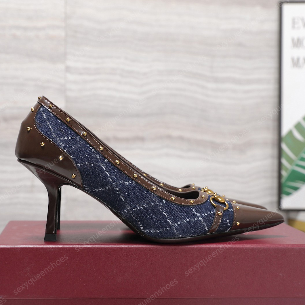Top Quality Brand Pumps Womens Luxury Designer Dress Shoes Velvet Splicing Lacquer Leather Casual 7.5CM High Heel Wedding Shoes Fashion Canvas Rivet