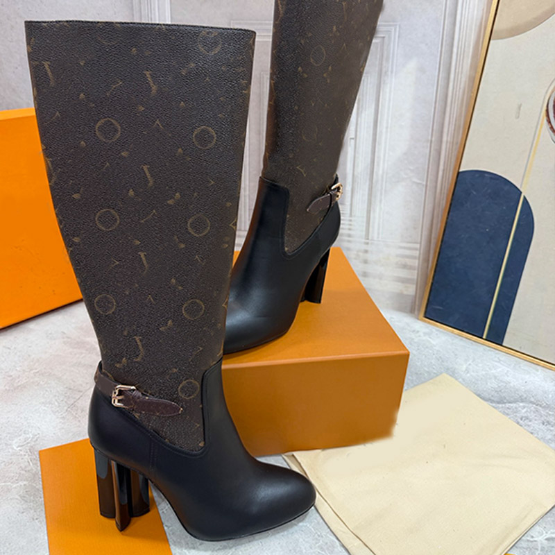 Womens Silhouette High Boots Winter Warm Cowhide Knight Boots Side Zipper Design Classic Old Flowers Fashion Elegant Winter Street Pairing