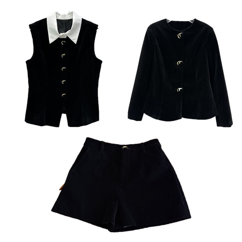 Women Velvet 3 Pieces Outfit Round Neck Long Sleeve Jacket Sleeveless Vest With White Collar High Waist Shorts Matching Suit