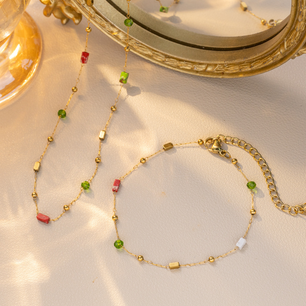 Romantic Temperament Mixed Color Stone Beaded Dopamine Titanium Steel Necklace For Women Simple Versatile Gentle Light Luxury Collarbone Chain Set