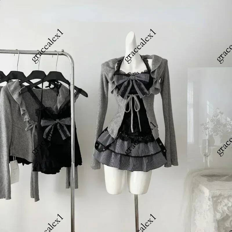Japanese Kawaii Lolita Sweet 3 Piece Set Women Bow Y2k Slim Vest Casual Cardigan High Waist Thin Striped Chic Skirt Autumn 250108
