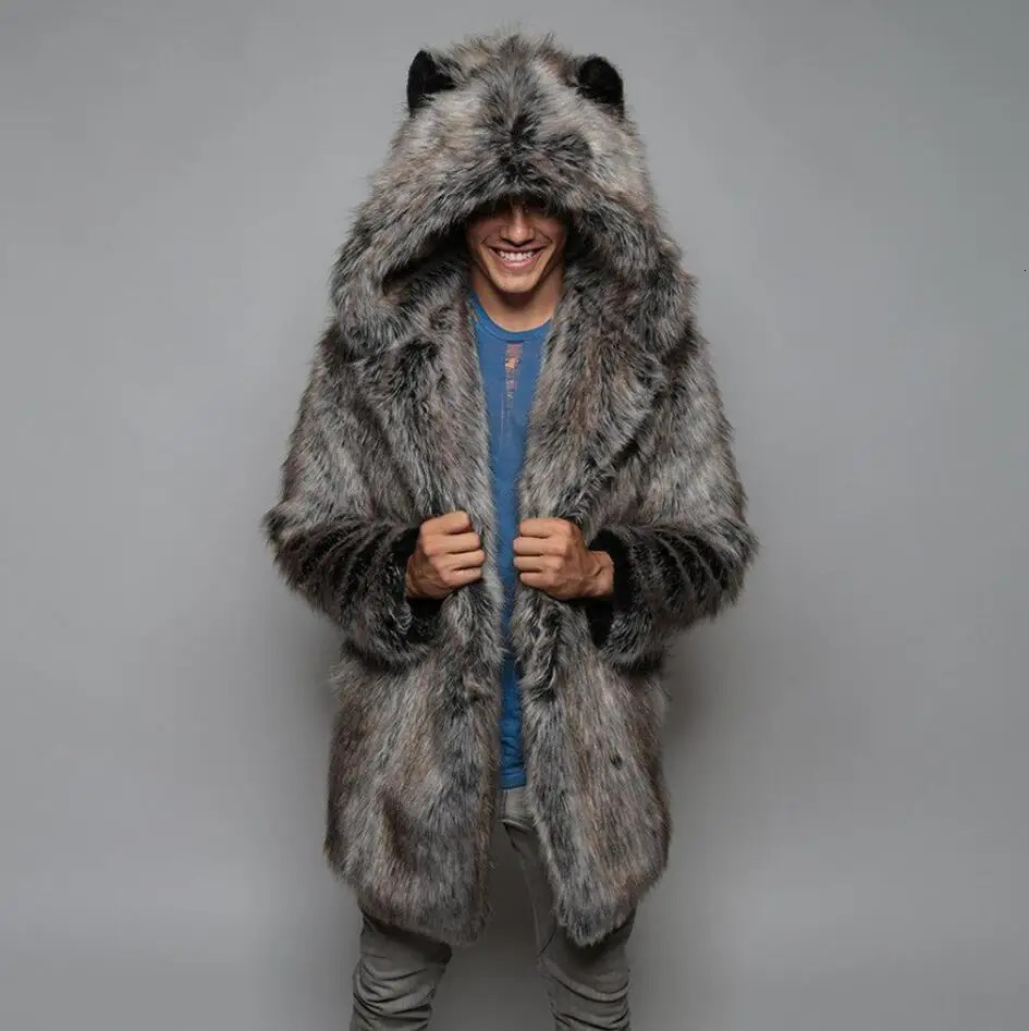 Men's Faux Fur Coat Long Sleeve Hooded Thick Warm Jackets Male Plush Fluffy Cardigan Casual Parka Snow Wear Winter y261008