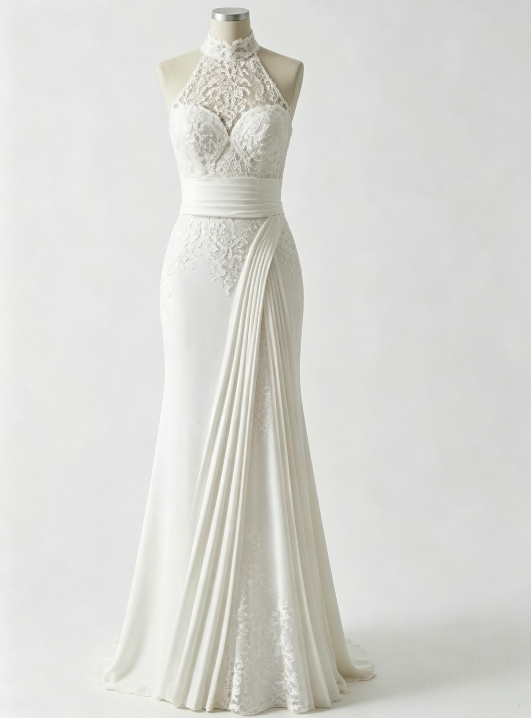 Elegant Lace Satin Mermaid Wedding Dresses High Neck Pleats Long Bride Wedding Gowns With Button Covered Back Robe de mariage