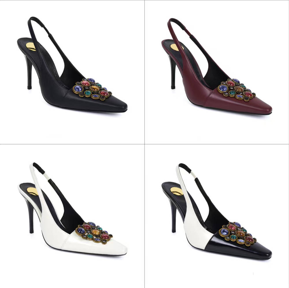 Top quality women's Stiletto Heel sandals Pumps genuine leather rhinestone pointed toe slingback dress shoes Fashion Designer Party Evening Sho