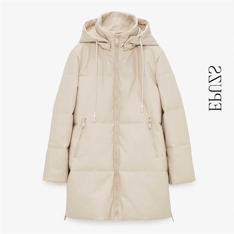 coat Winter Hooded Padded PU parka women Faux leather down jacket female overcoat warm long coats 210521 S2610141GFC