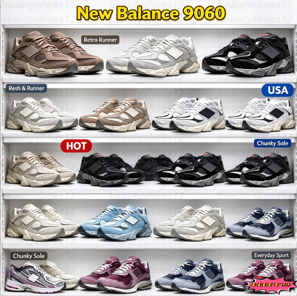 9060 Designer Y2K Running Sneakers Men Women Leather Upper Casual Daily Outfit Black White Grey Blue Pink Green Outdoor Sports Trainers EUR Size 36-