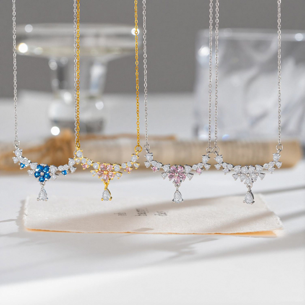 Light Luxury, Sparkling Bougainvillea Necklace With Micro-Paved Diamonds, Featuring Delicate Elegant Tassels, Water Droplet Design, And A Super Fair