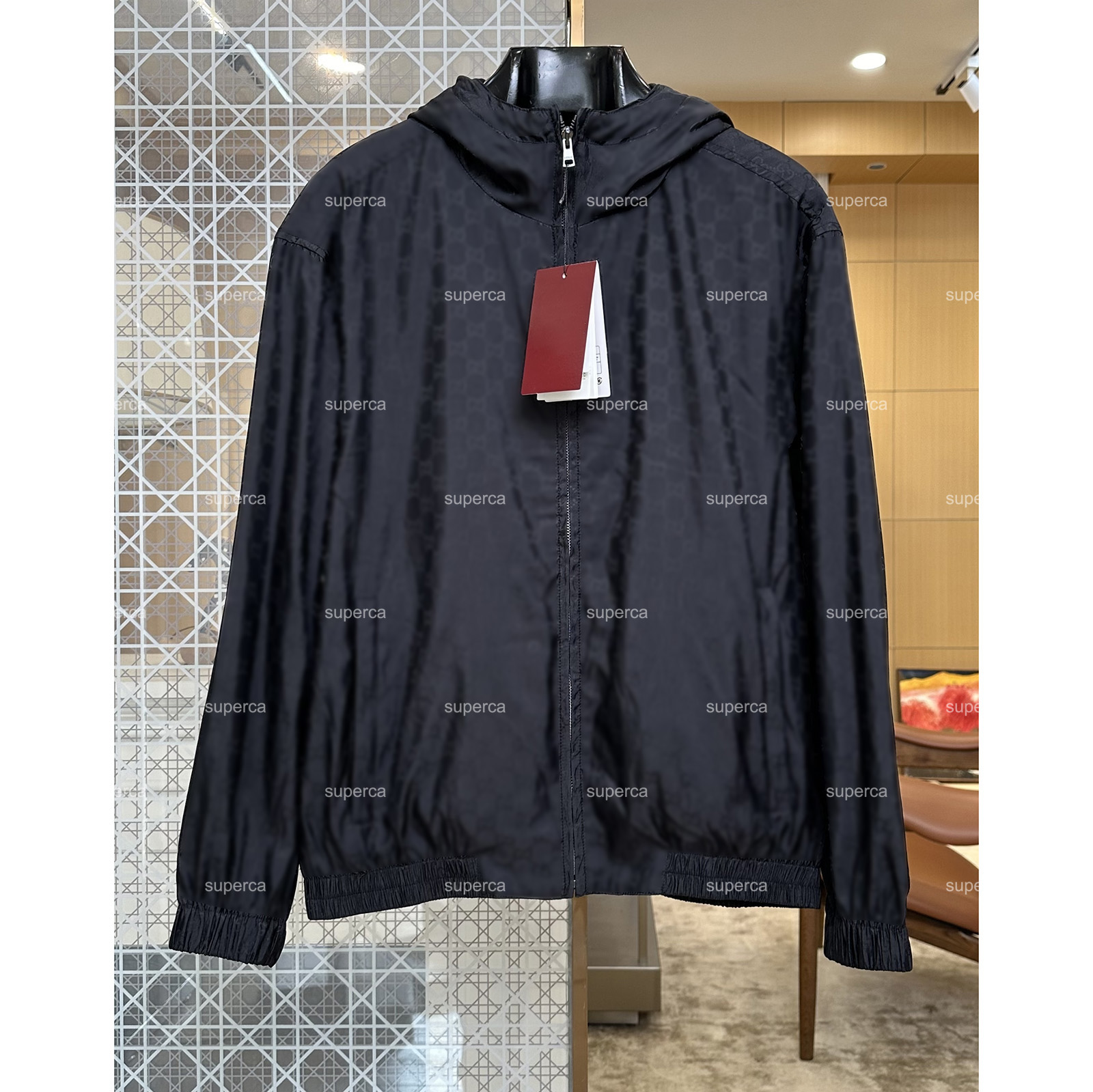 Luxury Designer Unisex Hooded Windbreaker Jacket, Full Zip Jacquard Pattern Nylon Casual Outerwear Loose Fit Coat 342e5