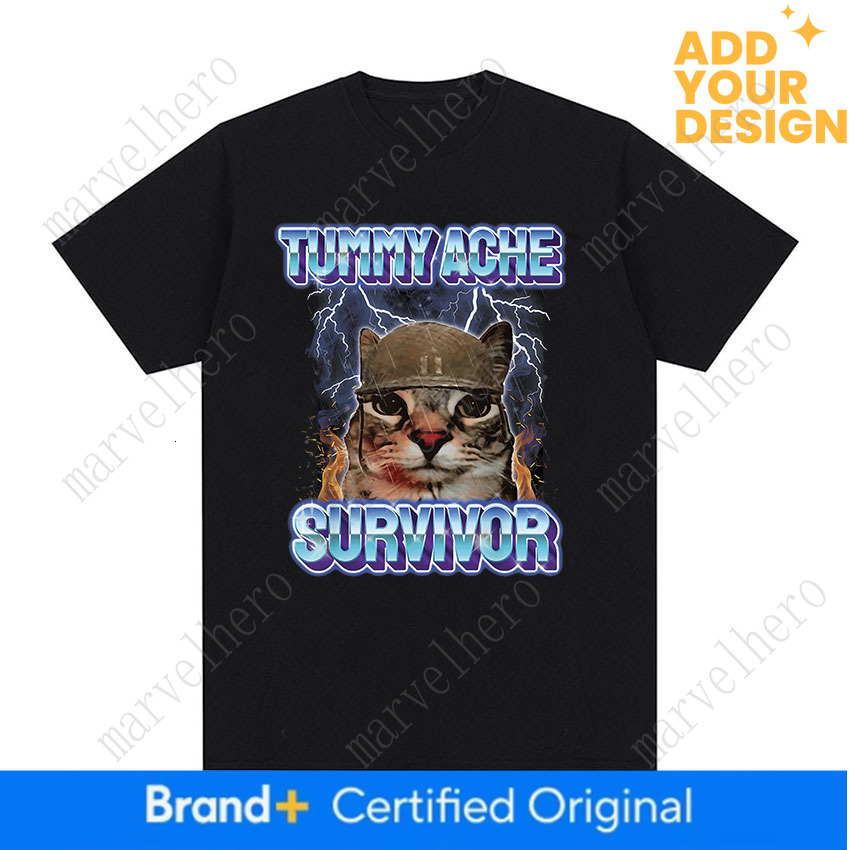 Vintage Tummy Ache Survivor Funny Cat Meme Tee Shirt Men Women Clothing Fashion Short Sleeve T Shirt Casual T Shirts