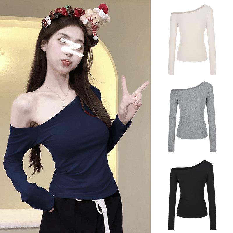 Designer Women Off Shoulder Long Sleeve T Shirt Slim Fit Solid Color Sexy Elegant Casual Basic Tee Autumn Streetwear Top