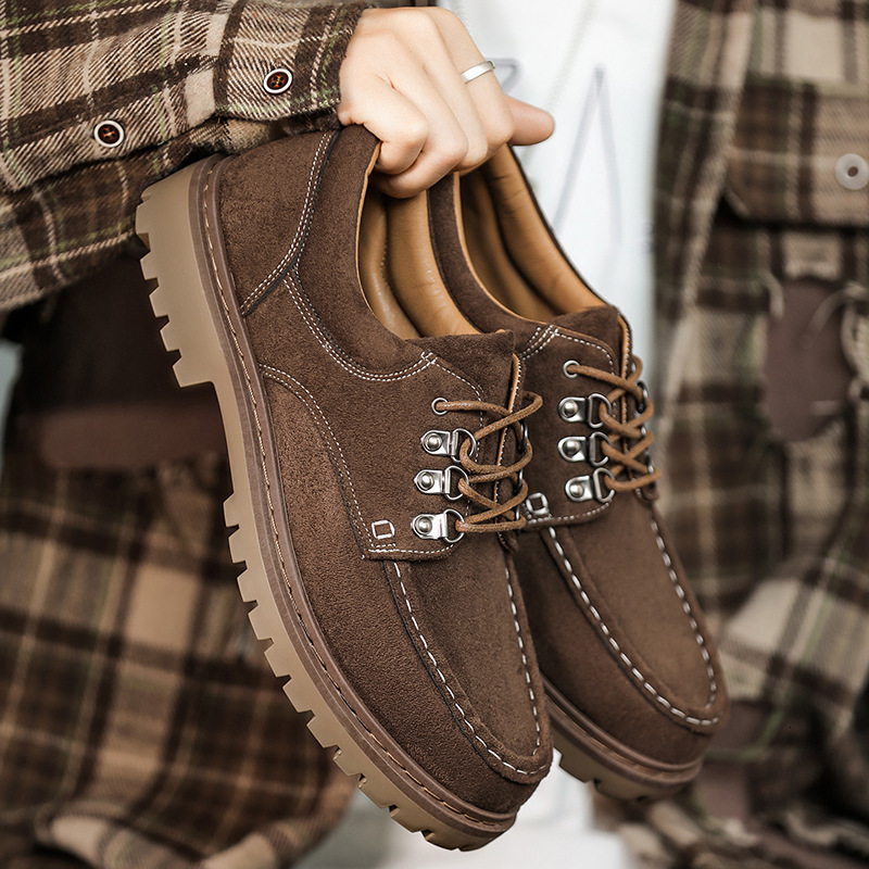 Men's Work Shoes, Low-Top, British Style, Retro Trendy Boots, Thick-Soled, Non-Slip, Business Casual, Large-Toe Leather Shoes Z611