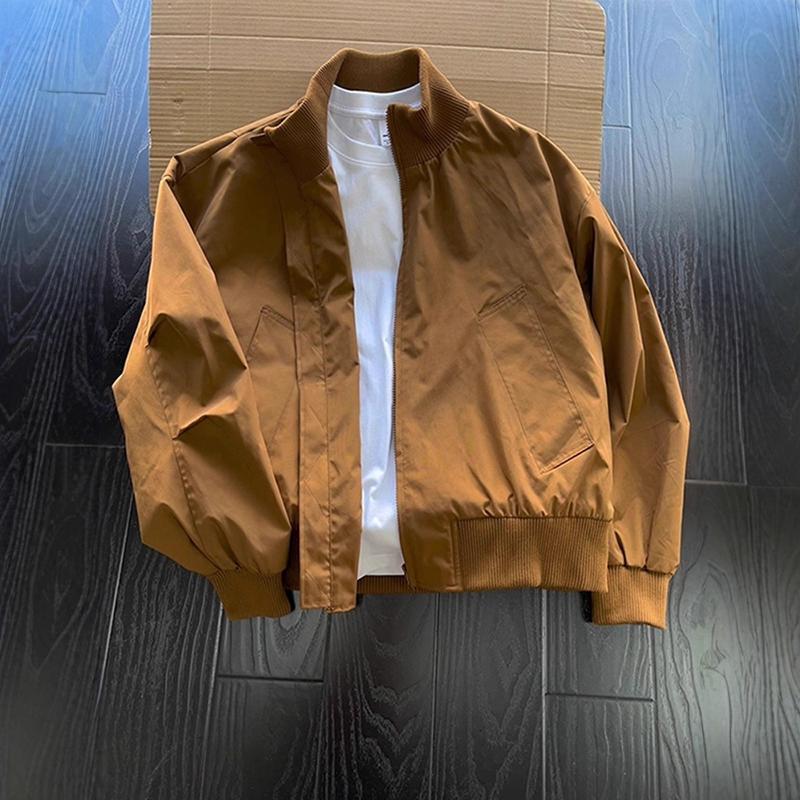 Veste ample à col montant marron vintage minimaliste zippée vêtements d'extérieur streetwear décontractés pour hommes à usage quotidien veste cou