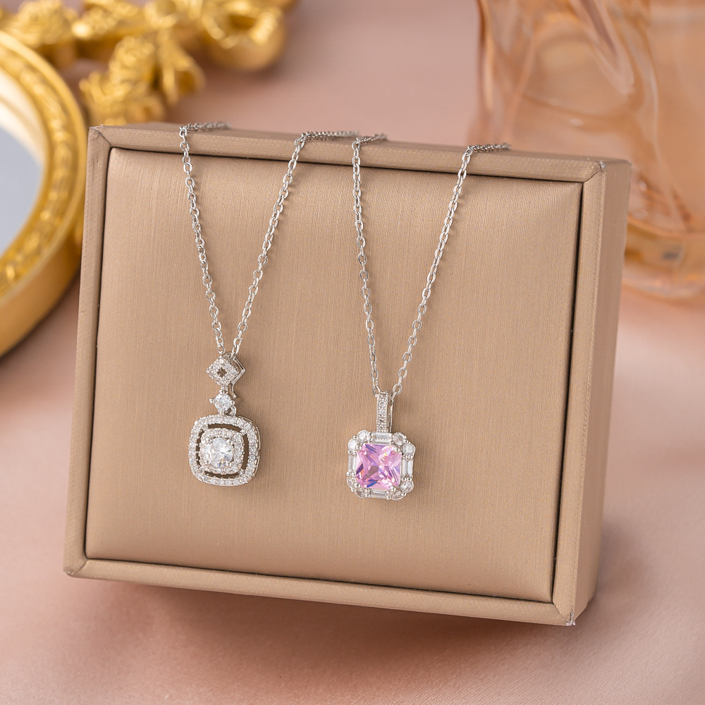 European And American Fashion Cross-Border Hot-Selling Pink Diamond Square Necklace For Women Micro-Inlaid Zircon Ins Internet Celebrity Exquisite C
