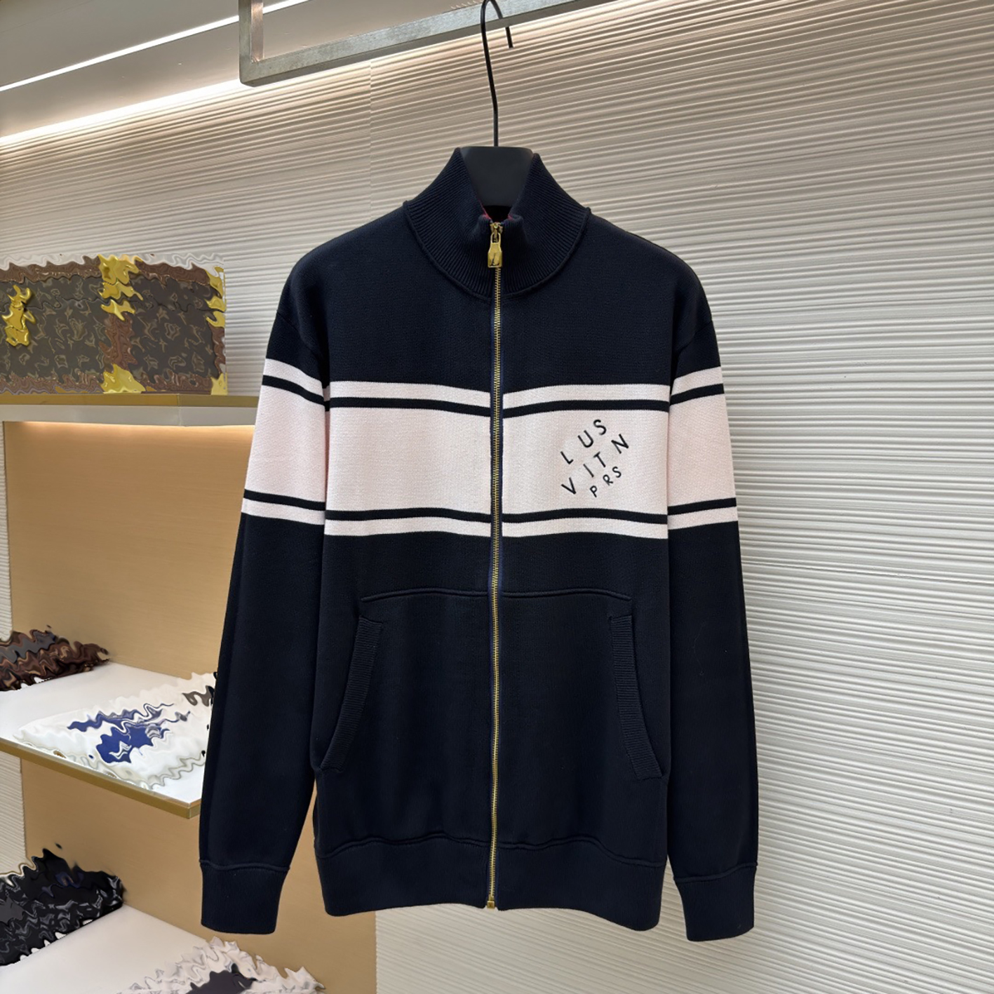 Designer brand clothing high-quality men's navy blue contrasting striped stand up collar knitted cardigan loose casual gold zipper embroidered