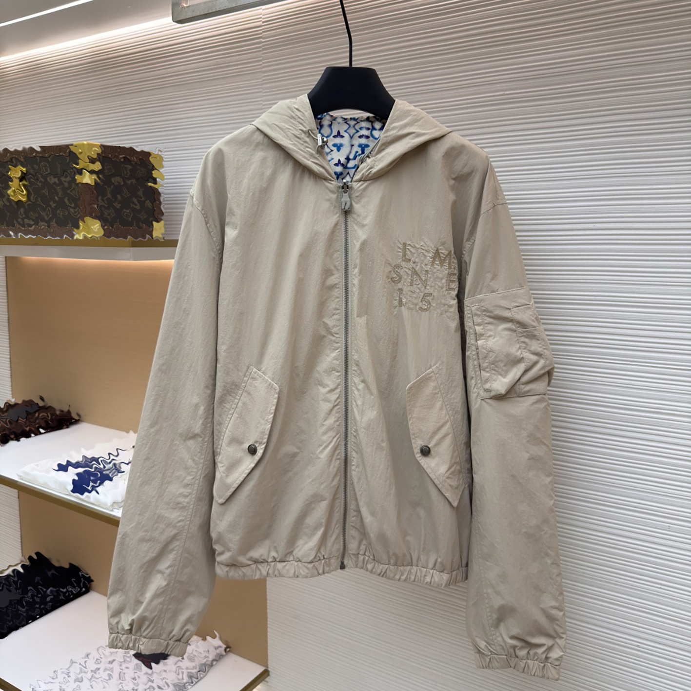 Designer brand clothing high-quality men's khaki blue full print double-sided hooded jacket | unisex lightweight windproof and sunscreen jacket