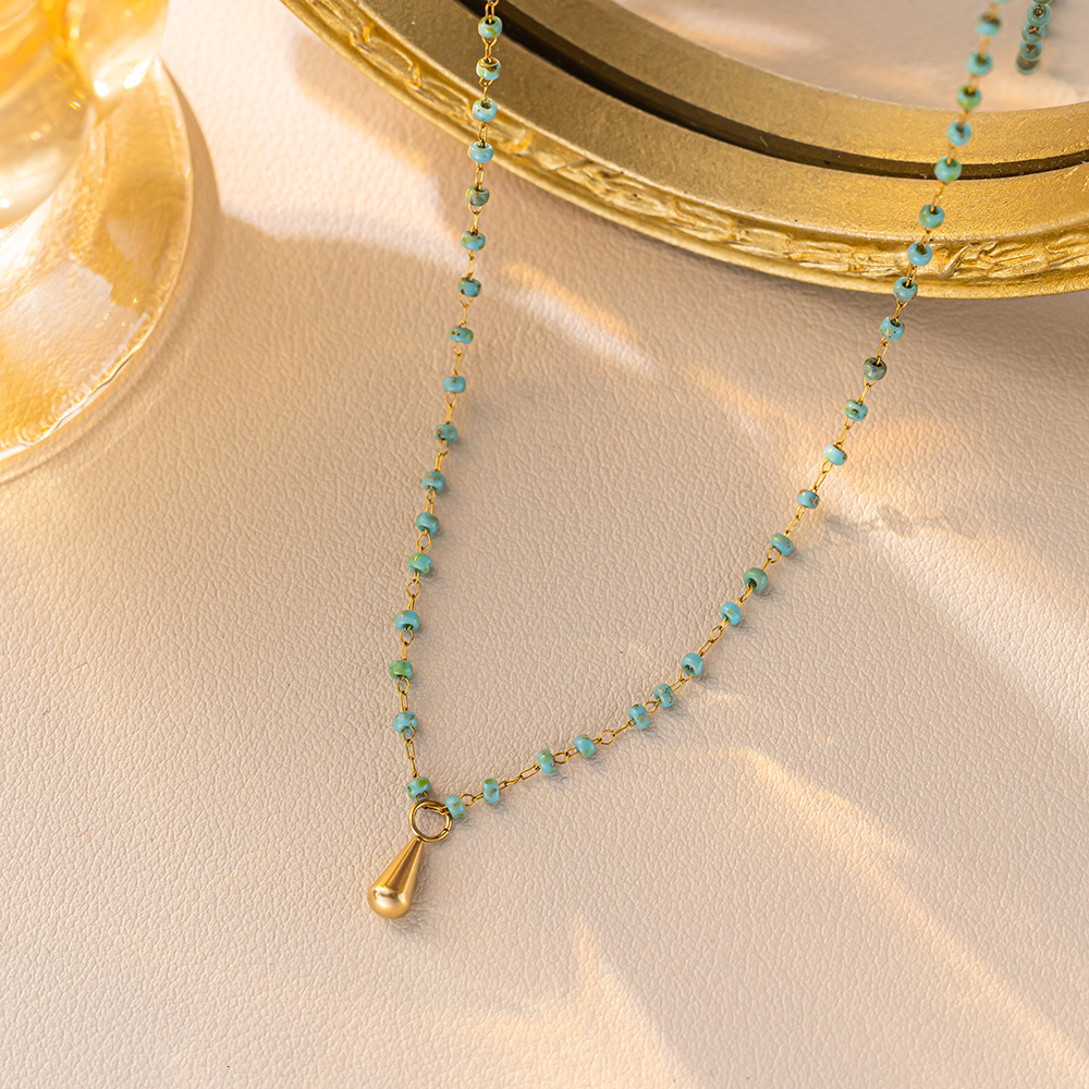 Vintage Niche Rice Bead Turquoise Water Drop Titanium Steel Necklace For Women, Light Luxury Fashion New High-End Sense Layered Collarbone Chain