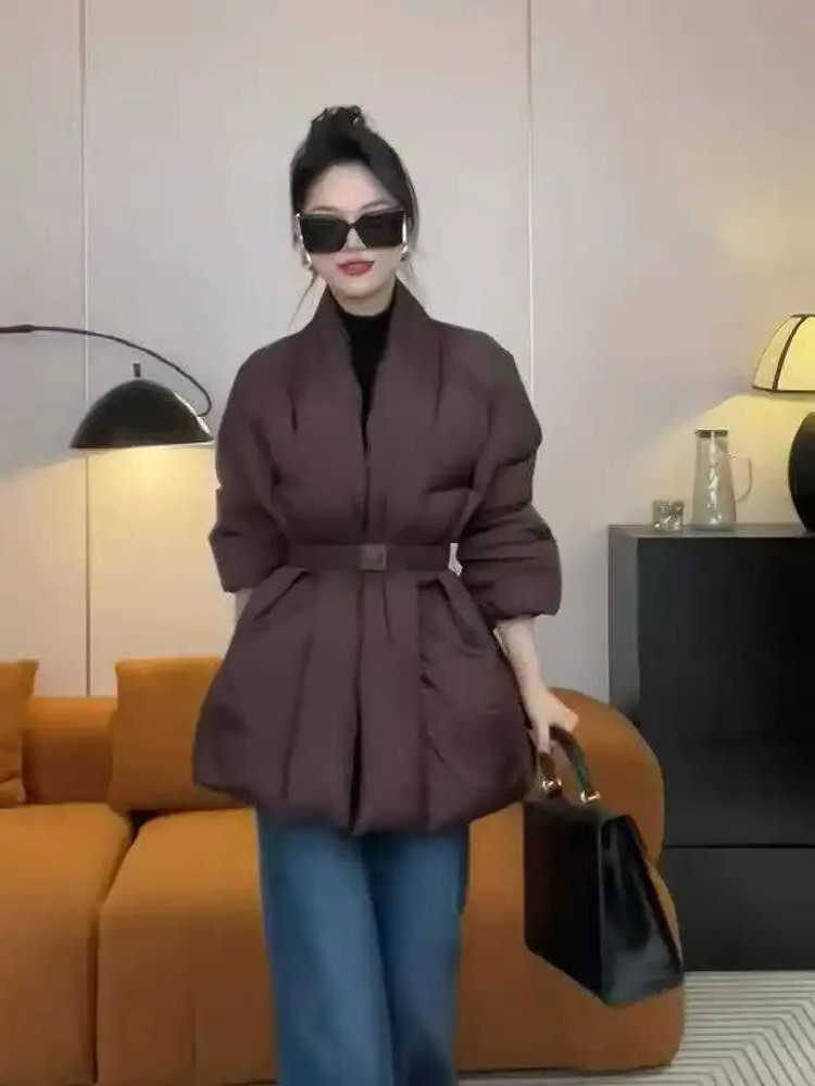 Belt with Womens Jacket Down Padding Vneck Fitted Coats Winter Charming Short Padded S261014YKHW