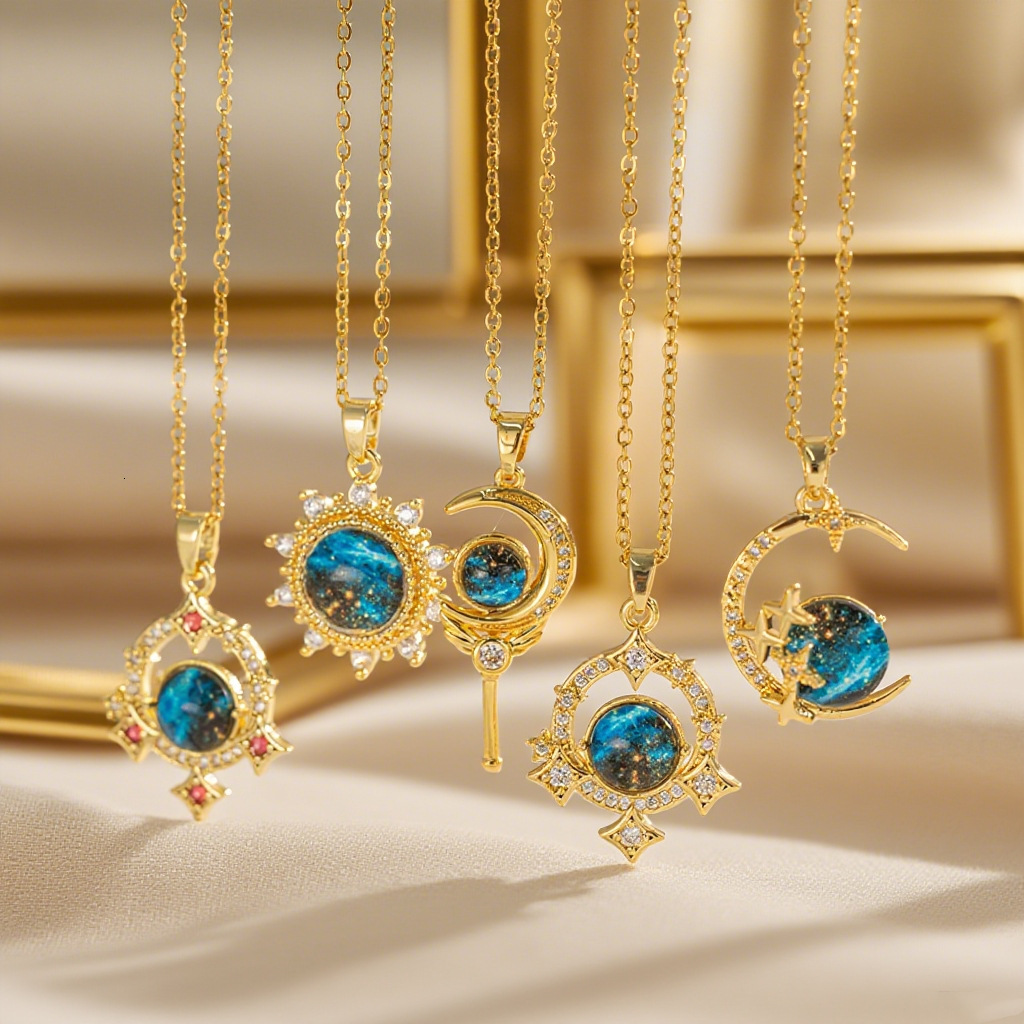 New Cross-Border Model: Vast Blue Planet Necklace For Women, Copper Micro-Inlaid Pendant With Stars And Moon, Fashionable Stainless Steel Collarbone