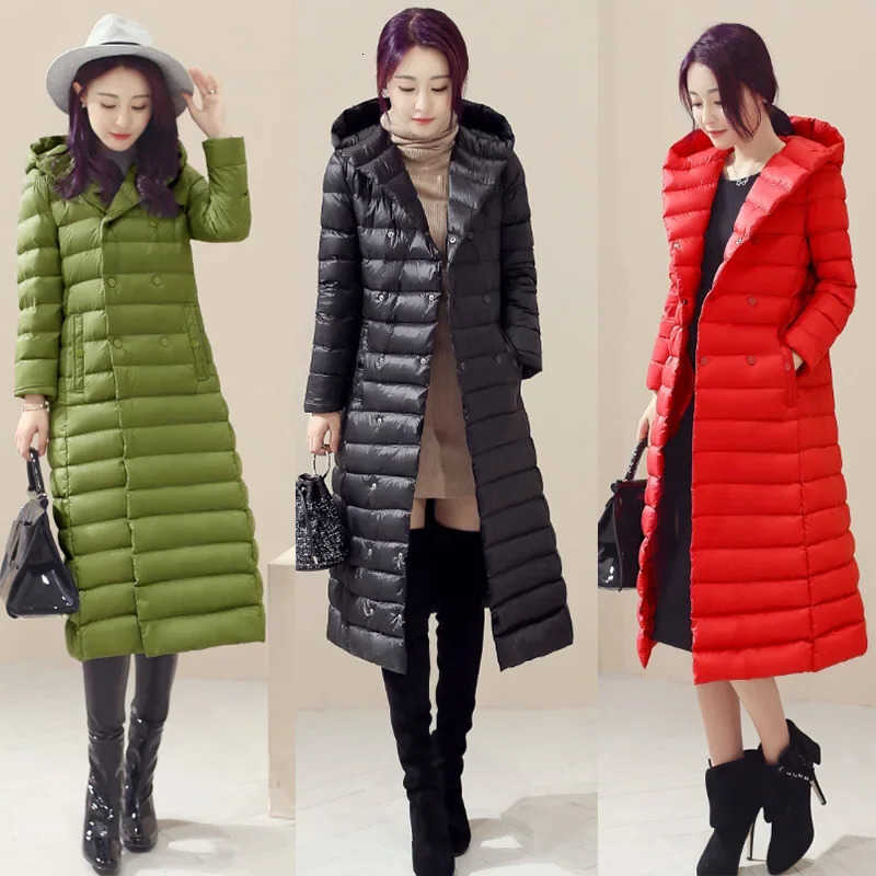 Light Womans Down Jackets Slim Hooded Extra Long Women White Duck Down Padded Coats Warm Duck Down Parkas With Belt JK613 S261014QGQR