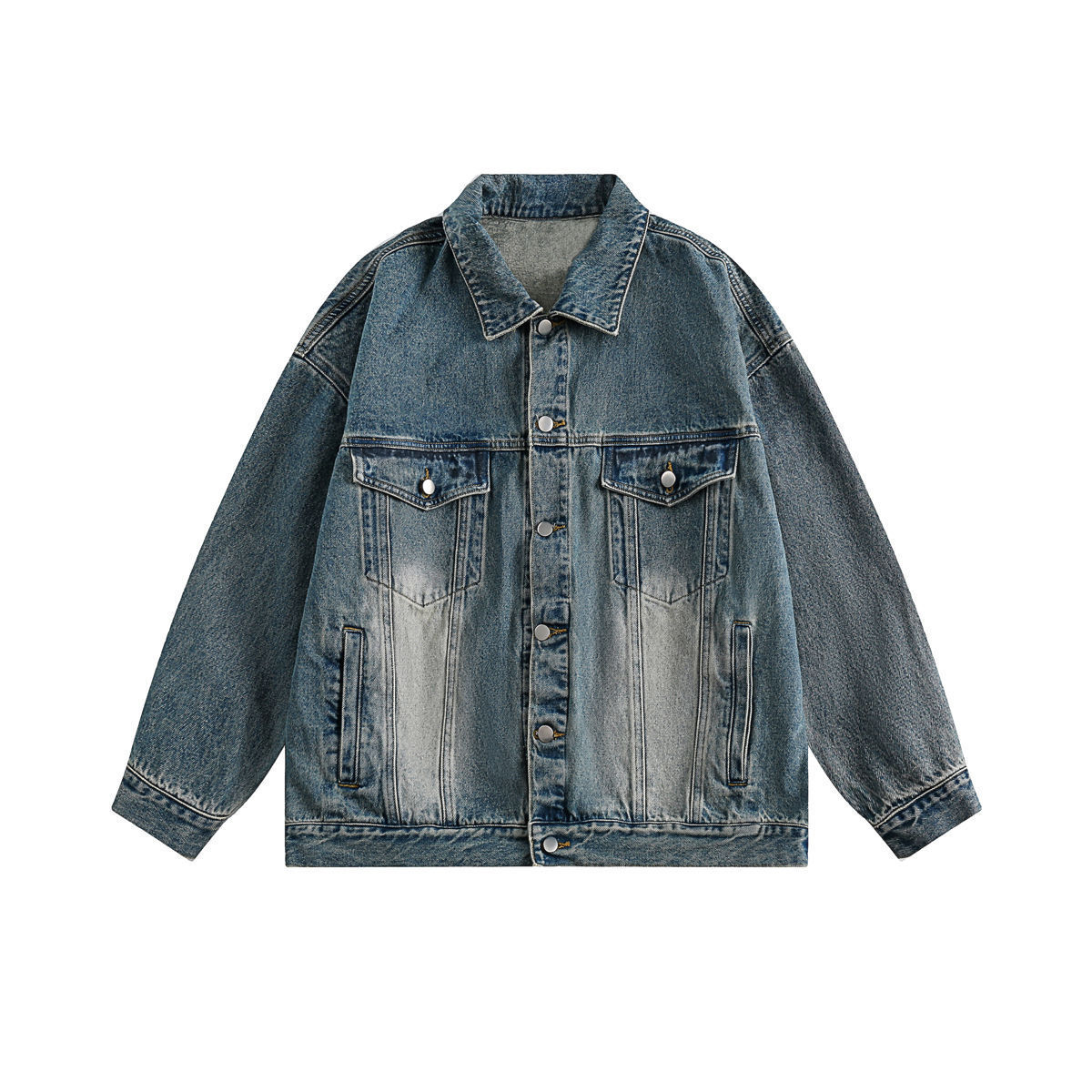 Veste en jean délavé vintage unisexe, manteau en jean à revers ample, rétro délavé, vêtements d'extérieur, poche classique, bouton sur le devant,