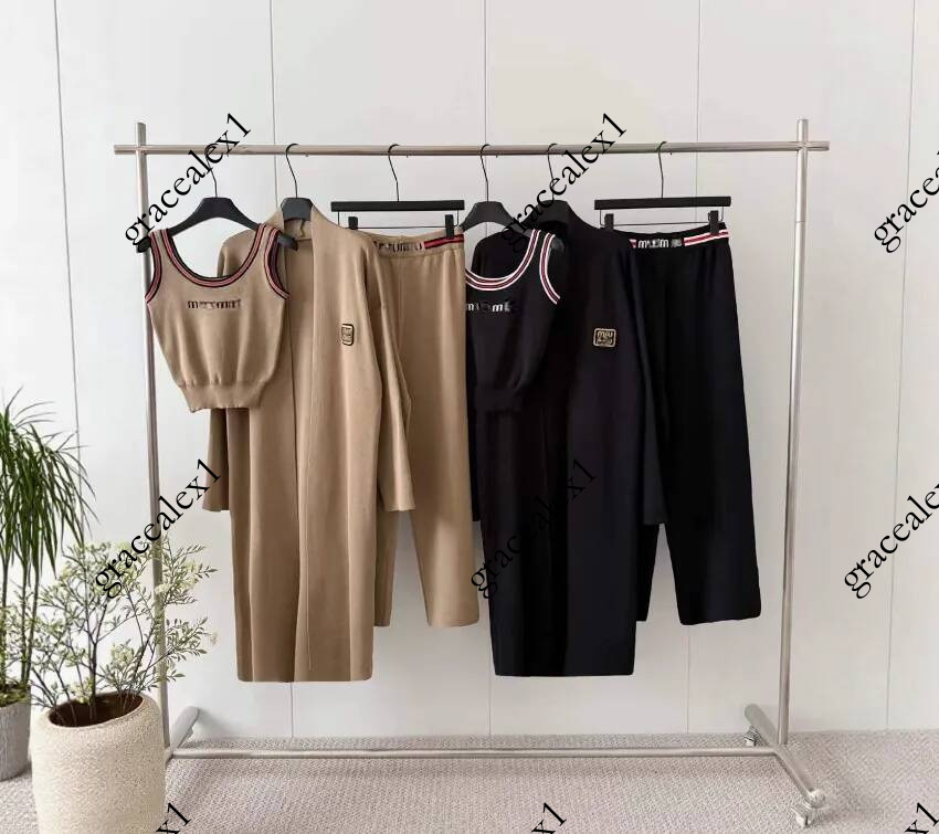 luxury soft Knit three piece set women designer round neck T Shirt Wide Leg Pants Breathable Comfortable Casual Outfit Lounge Wear