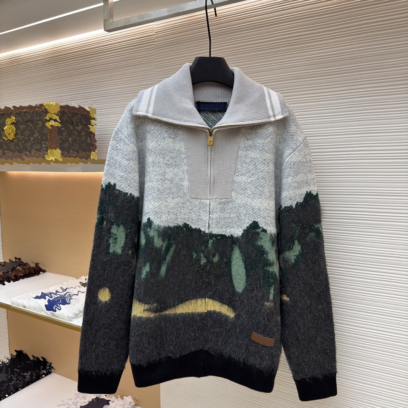 Designer brand clothing, high-quality men's landscape oil painting, jacquard half zipper lapel sweater, mohair blend, loose and lazy knit sweat
