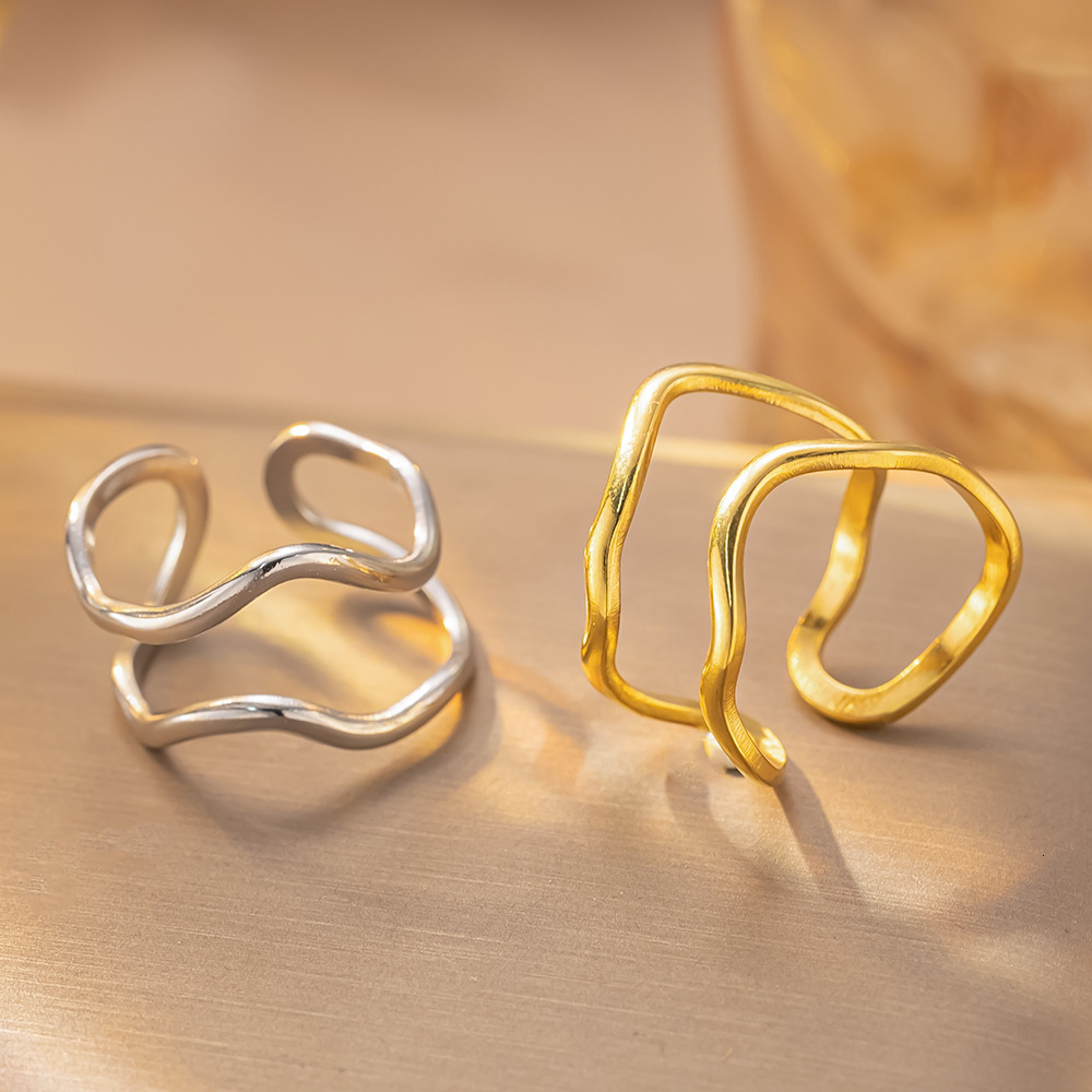European And American Trend Simple Style Stainless Steel For Women Personality Line Design Irregular Couple Open Rings
