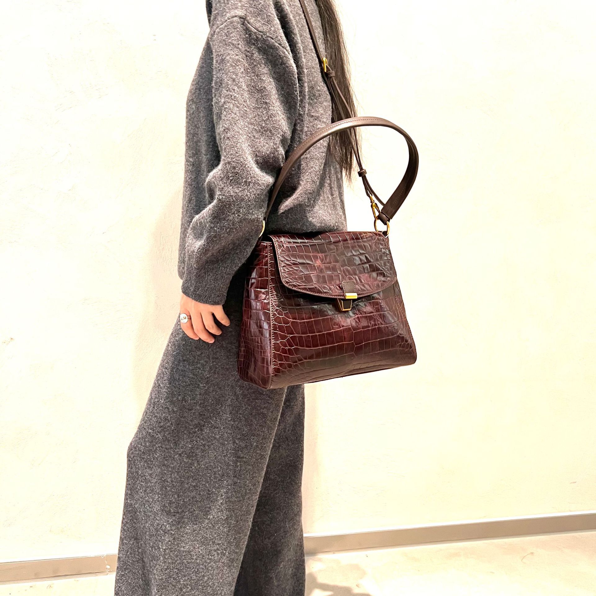 Luxury Vintage Designer Bag Genuine Leather Women S Handmade Top Layer Crocodile Pattern Cowhide Crossbody Handbag With Detachable Double Shoulde