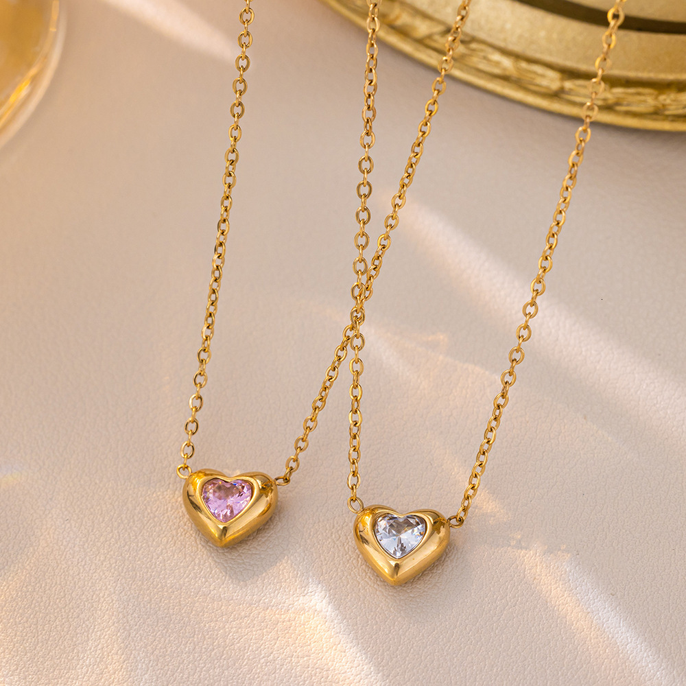 Fashion INS Pink Diamond Simple Zircon Sparkling Collarbone Heart Light Luxury Trendy High-End Versatile Sweater Chain