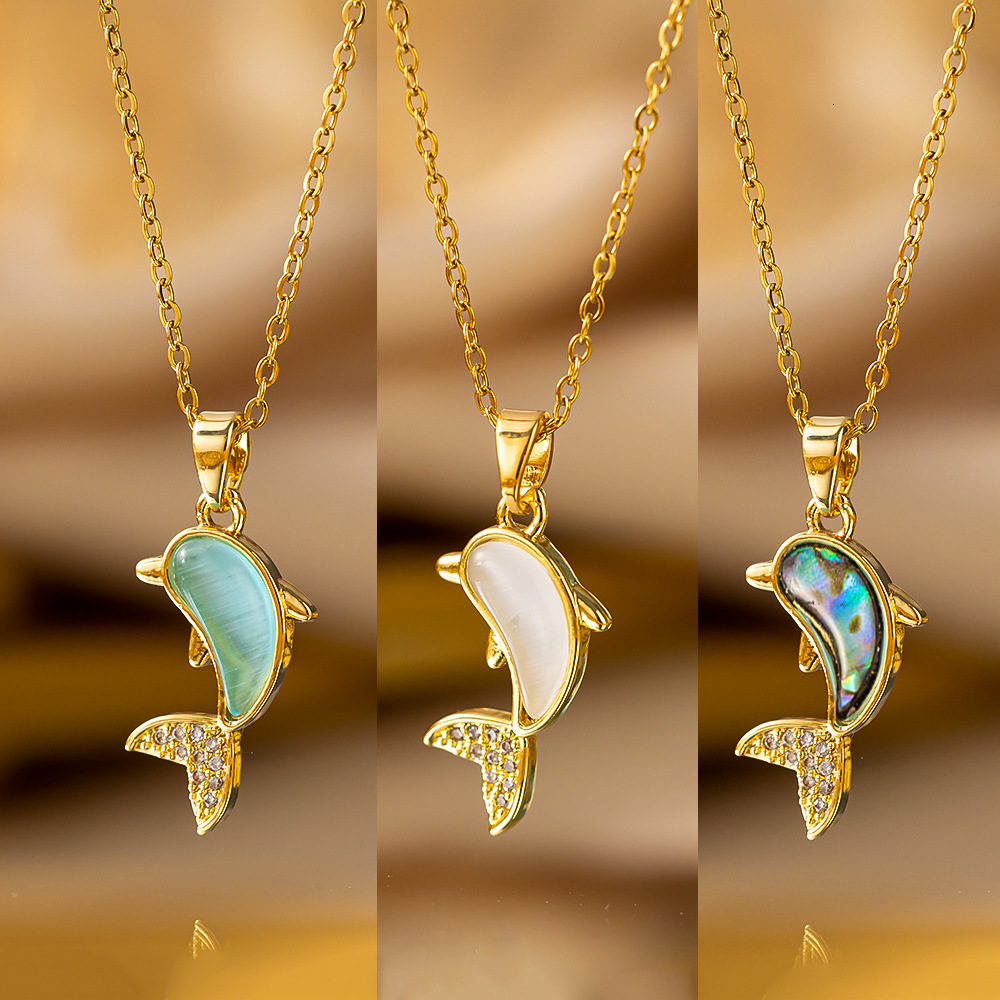 Korean Version Simple Personality Cat's Eye Stone Little Dolphin Necklace For Women Mori Style New Trendy Collarbone Chain Versatile Jewelry