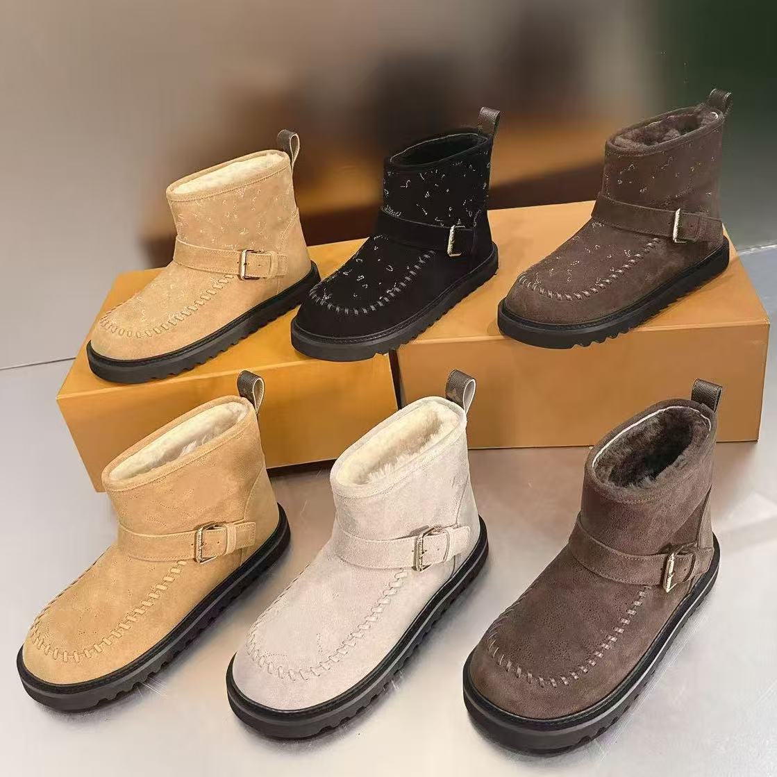 Botas de nieve de invierno de estilo de diseñador de alta calidad para mujer, botines con forro peludo, suela gruesa, informales, botas cortas, moda