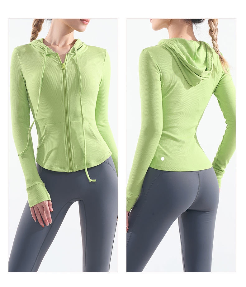 L6688 Tight-Fitting Yoga and Fitness Top for Women White Long-Sleeve Hooded Running Jacket for Fall Winter Cardigan-Style Zipper Jacket