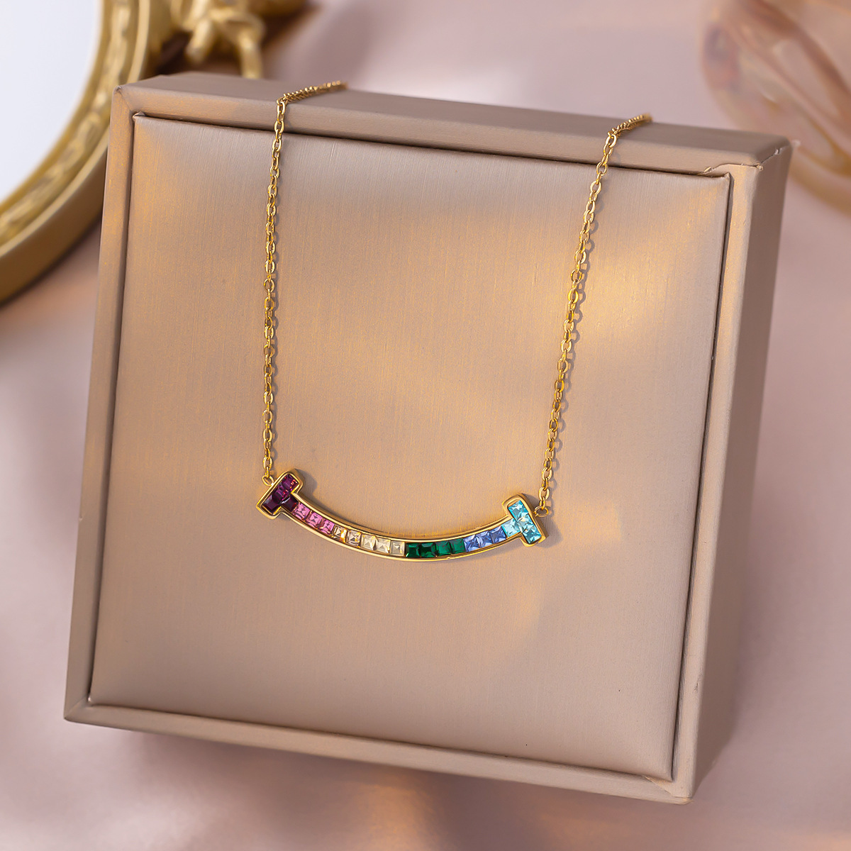 New Sweet Rainbow Smile Square Diamond Titanium Steel Necklace For Women, Light Luxury Versatile Forest Style High-End Collarbone Chain, Non-Fading