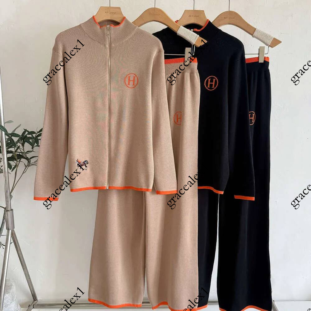 European Style Light Luxury Knitted Suit Women Autumn Winter Creative Horse Embroidery Long Sleeve Sweater Coat Casual Trousers Two Piece Set