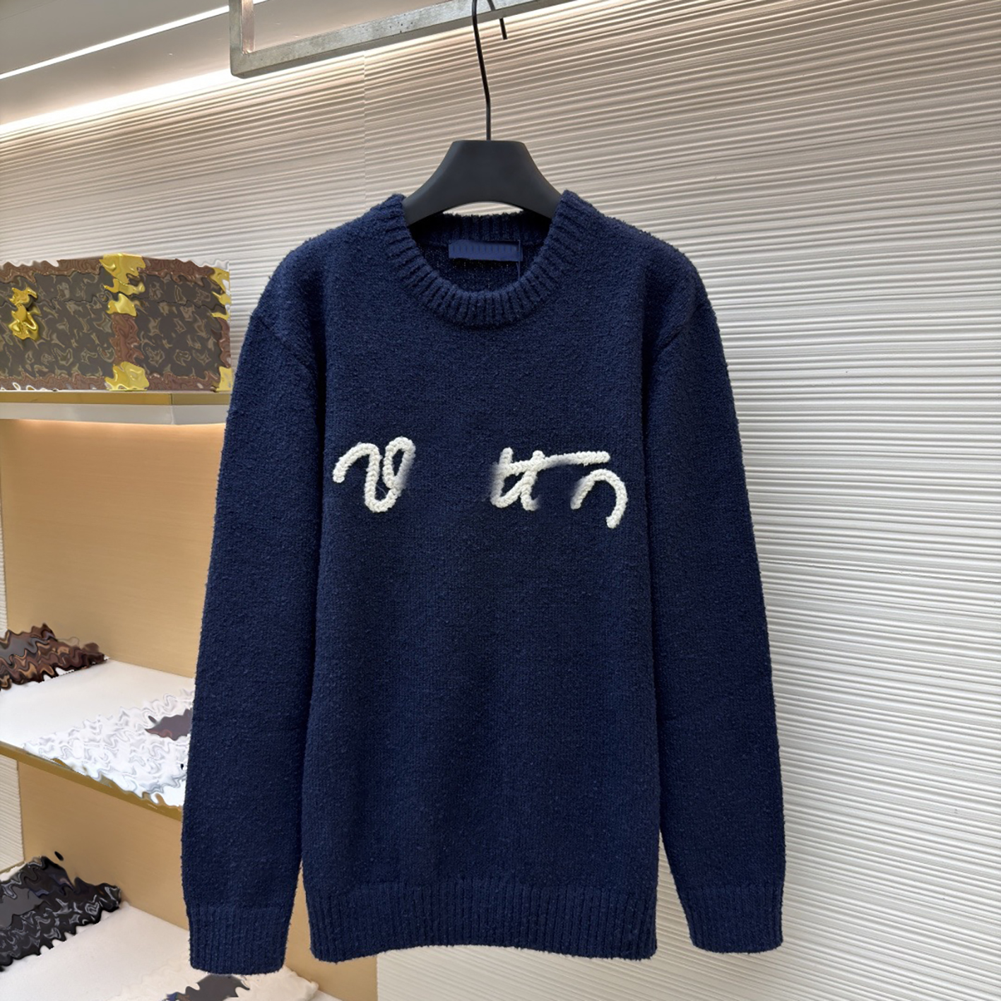 Designer brand clothing, high-quality men's blue round neck knitted sweater, three-dimensional towel embroidered letter sweater, unisex lazy st