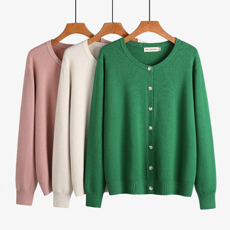 Cardigan en tricot de coton pour femmes, grande taille, pull col rond, boutons sur le devant, manches longues, coupe ample, haut surdimensionné