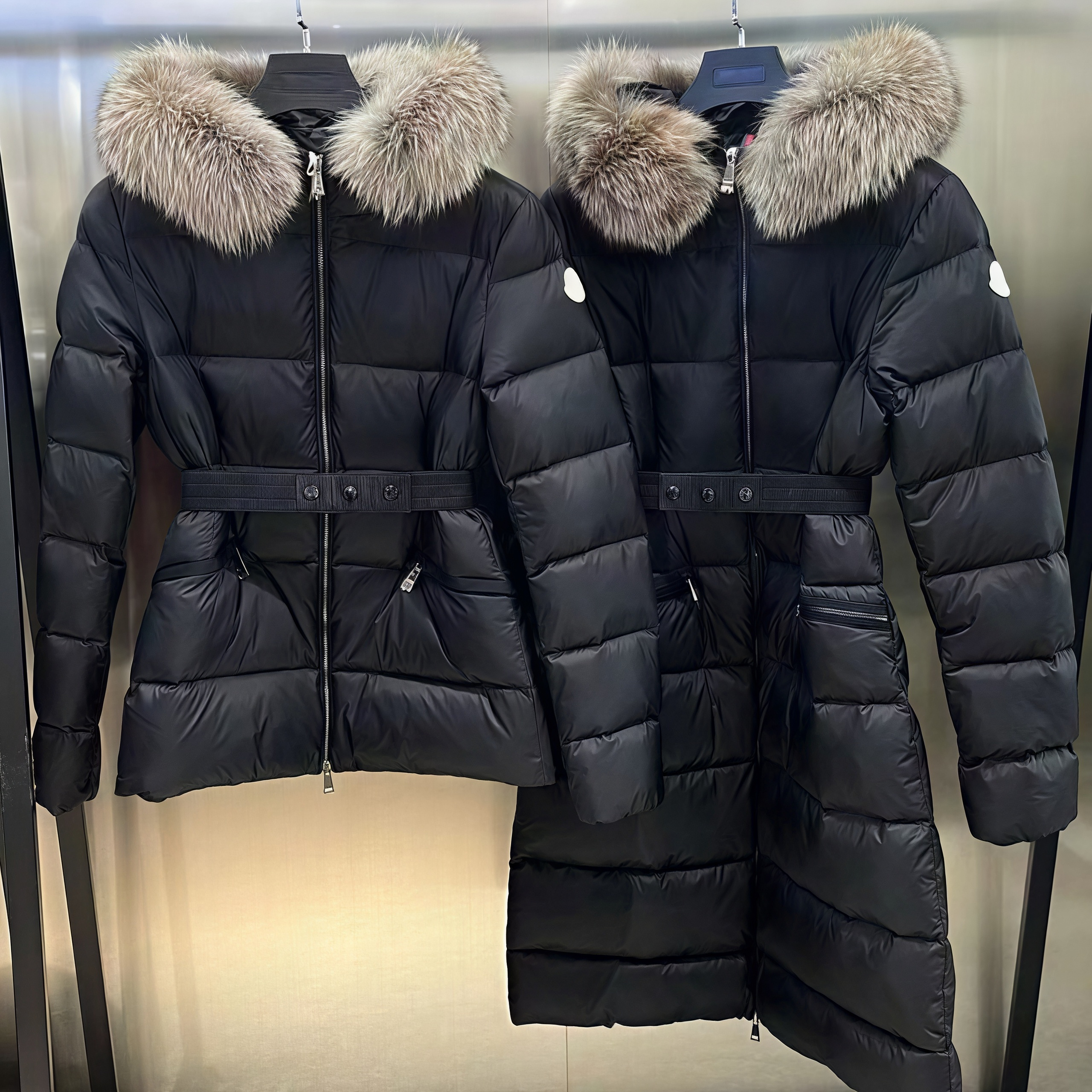 Womens Winter Down Puffer Jacket with Real Raccoon Fur Collar, Short Cotton Coat with Belt, Warm Parka Outerwear for Ladies