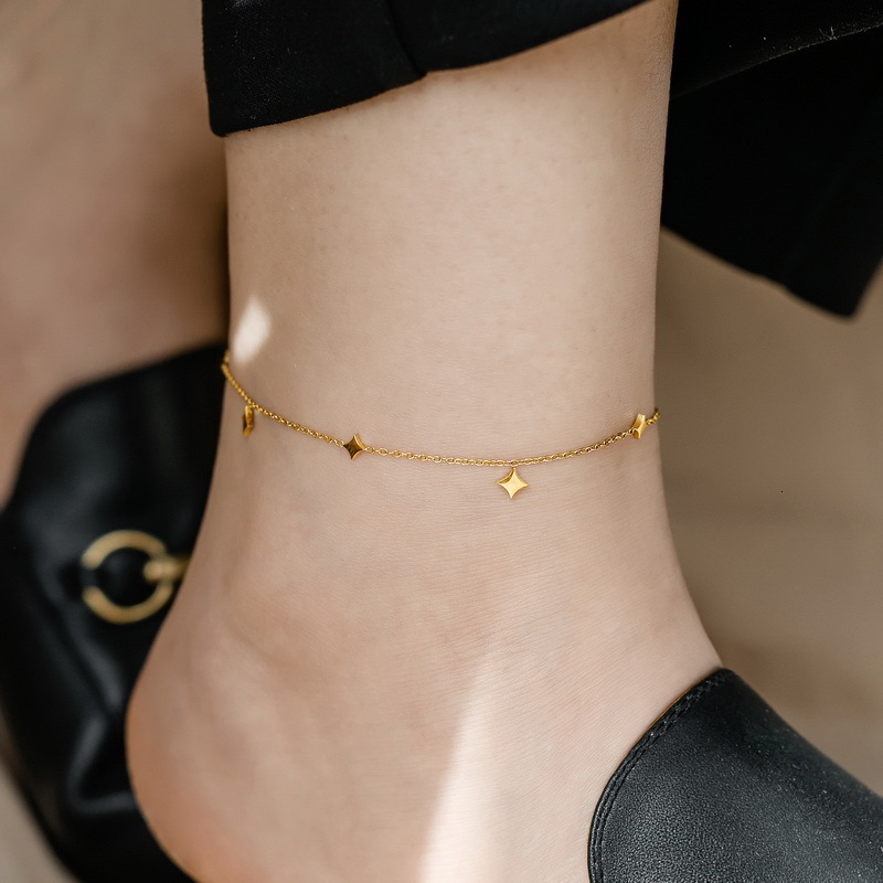 French Style Light Luxury Starry Sparkling Rhombus Sequin Titanium Steel Anklet For Women Exquisite Full Sky Star High-End Sense Foot Chain Non-Fadi