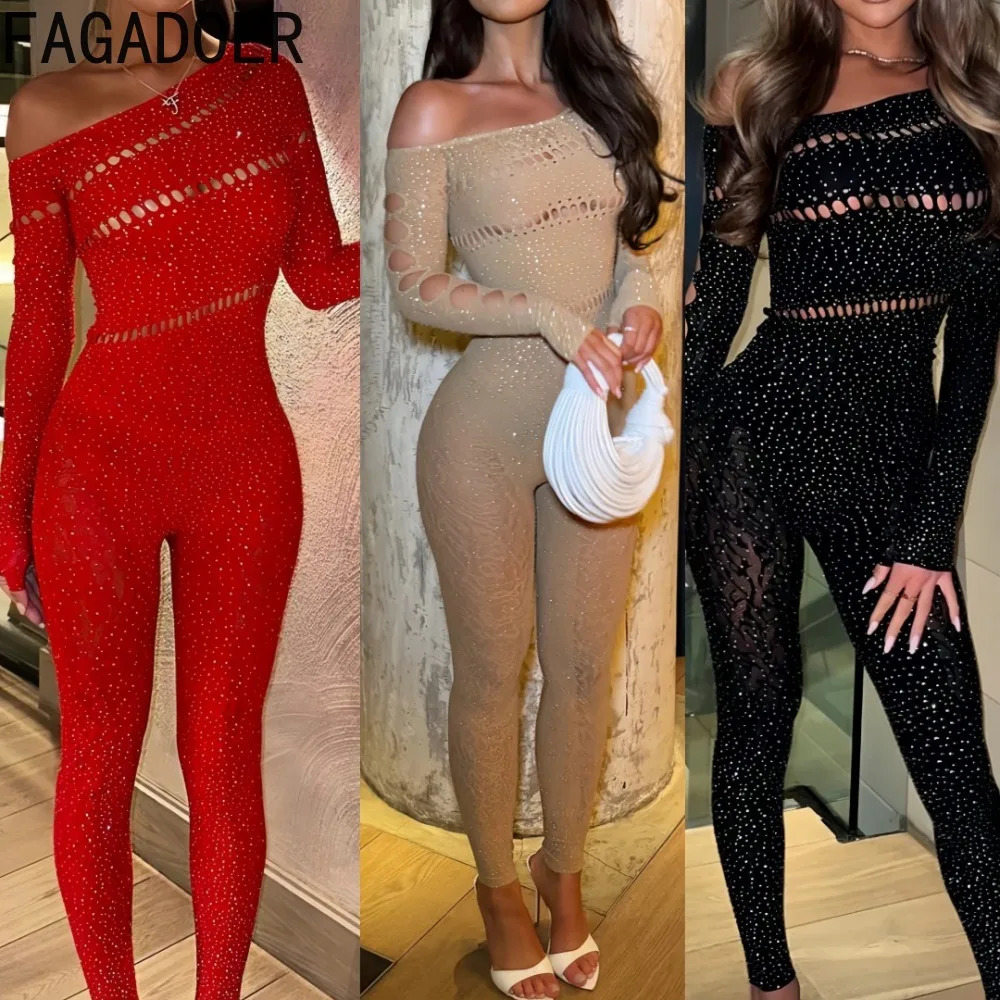 FAGADOER Spring Summer Sexy Jumpsuits Women See Through Hollow Out Rhinestone Patchwork Rompers Female Streetwear Overalls 261015