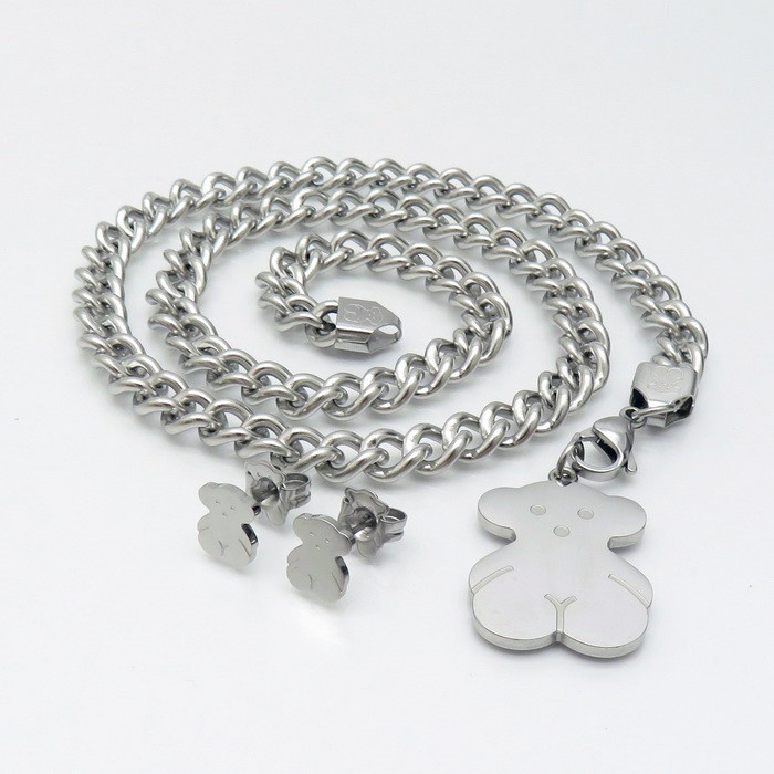 Mode chaude femmes hommes argent or en acier inoxydable ours dessin animé Span lettre Bracelet chaîne pendentif collier boucles d'oreilles ensemb
