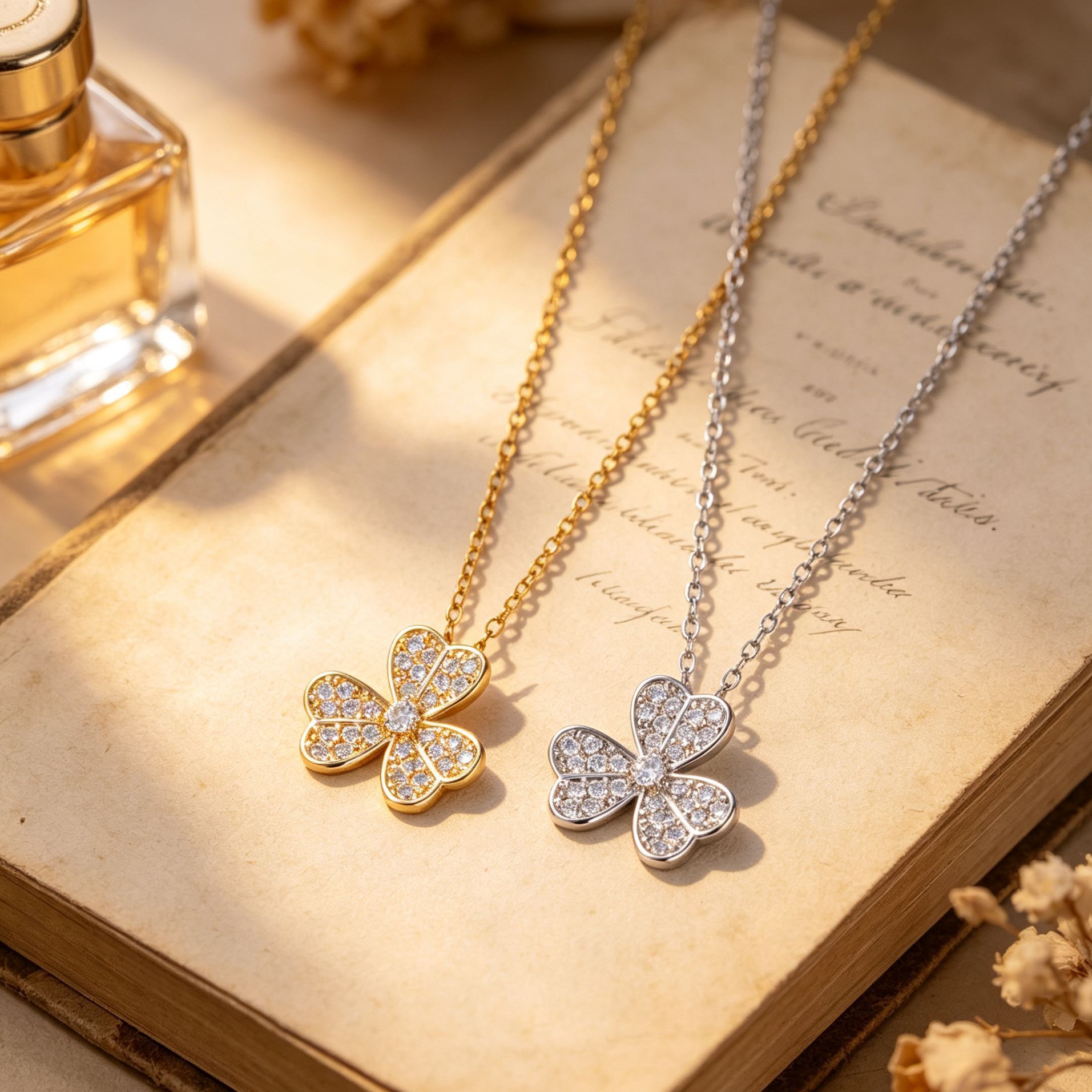 French Style Light Luxury Lucky Clover Full Diamond Micro Inlay Necklace For Women Exquisite Petal Fashion Versatile High-End Clavicle Chain