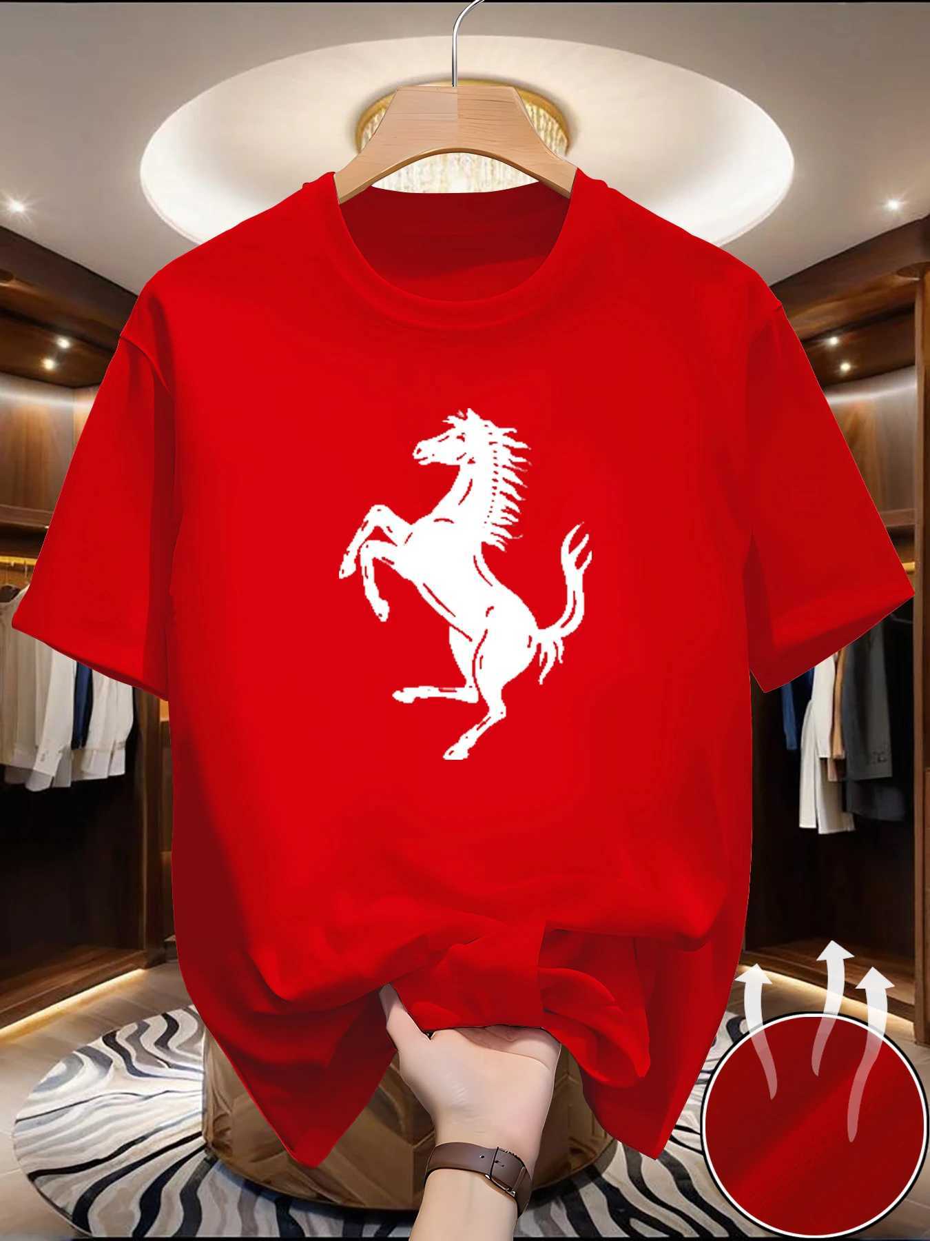 Men's summer breathable quick drying fashionable casual loose horse pattern letter printed round neck short sved T-shirt Q261015
