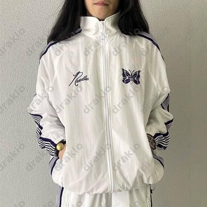 Veste de sport brodée de papillons rétro japonais de styliste, haut cardigan léger et décontracté à col montant à rayures latérales et blocs de c