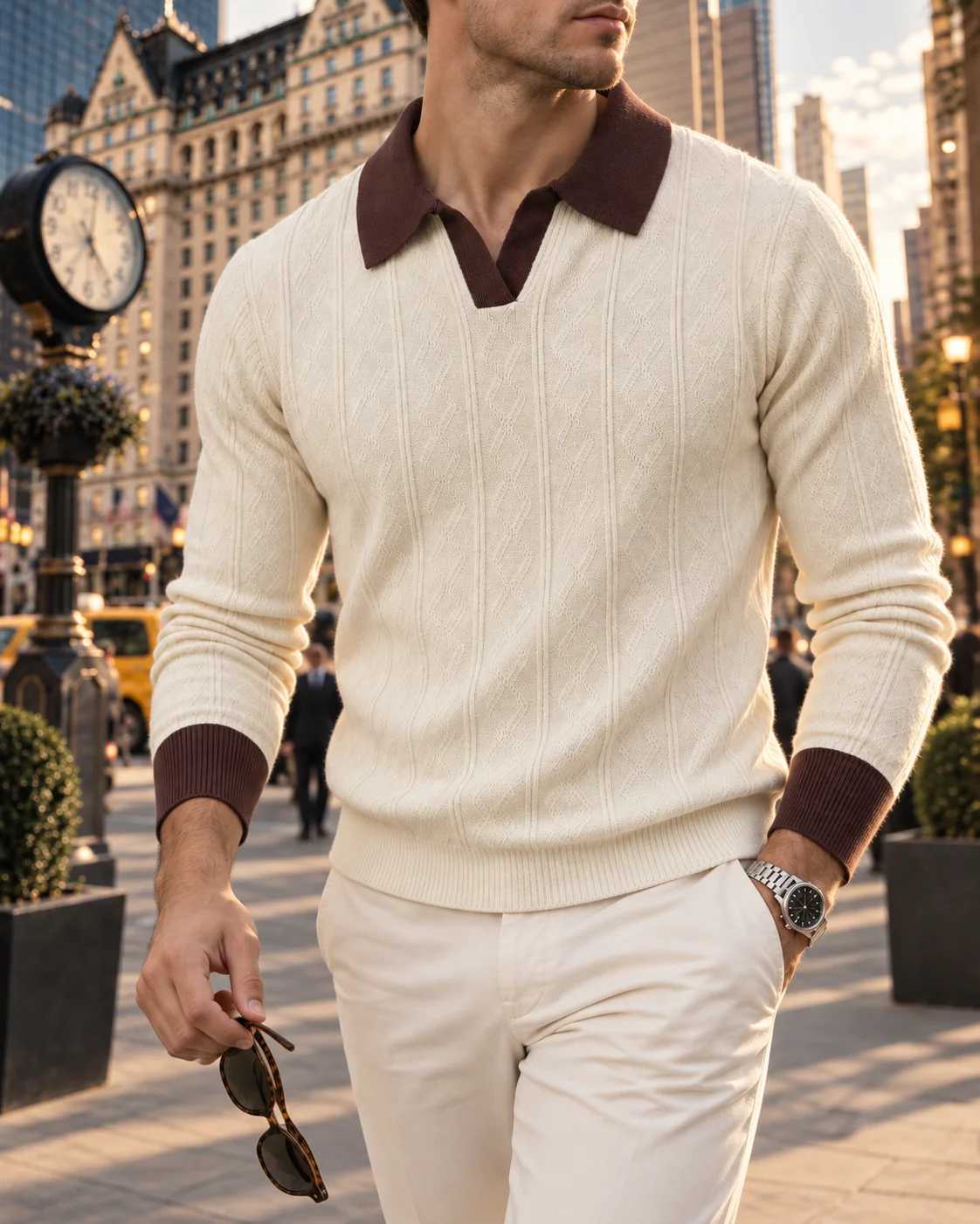 Mens Soft Lapel Sweater Elastic Knitted Vneck Pullover Double Jacquard Texture Contrasting Color Design Suitable for Daily Casual And Light Business