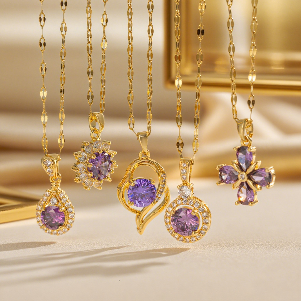 French Style Light Luxury Purple Zircon Water Drop Micro Inlay Necklace For Women Exquisite Fashion High-End Clavicle Chain Versatile New Trend