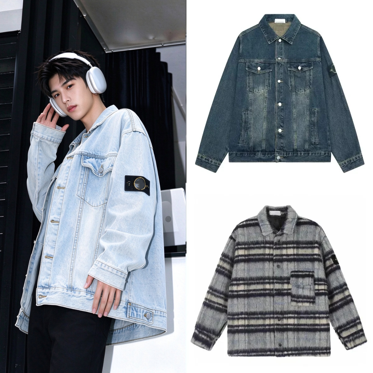 Washed Badge Denim Jacket Men's Hip Hop Loose Fit Coat Button Up Streetwear Casual Designer Jackets