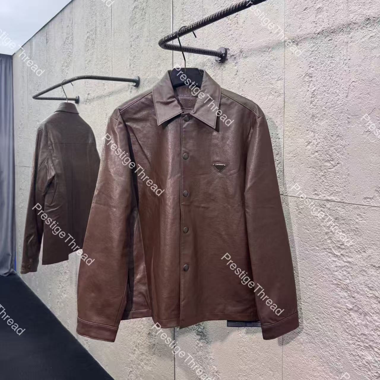 Designer High-Quality Men's Leather & Faux Leather Triangle Logo Single-Breasted Jacket, New Fall/Winter Trendy Men's Outfit