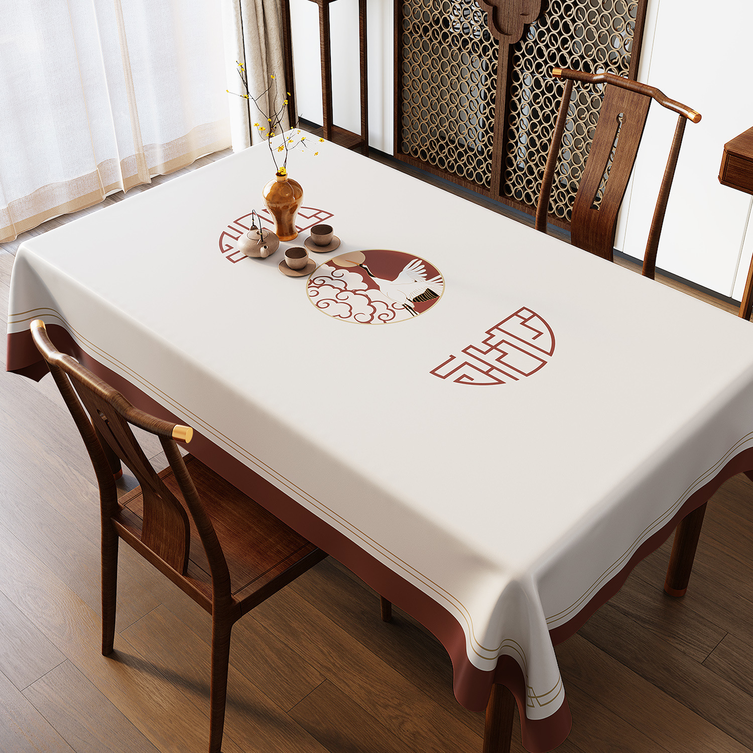 YL-39334 Custom New Chinese Style Tablecloth Waterproof Oil-Proof and Wipe Clean Rectangular Table Cover